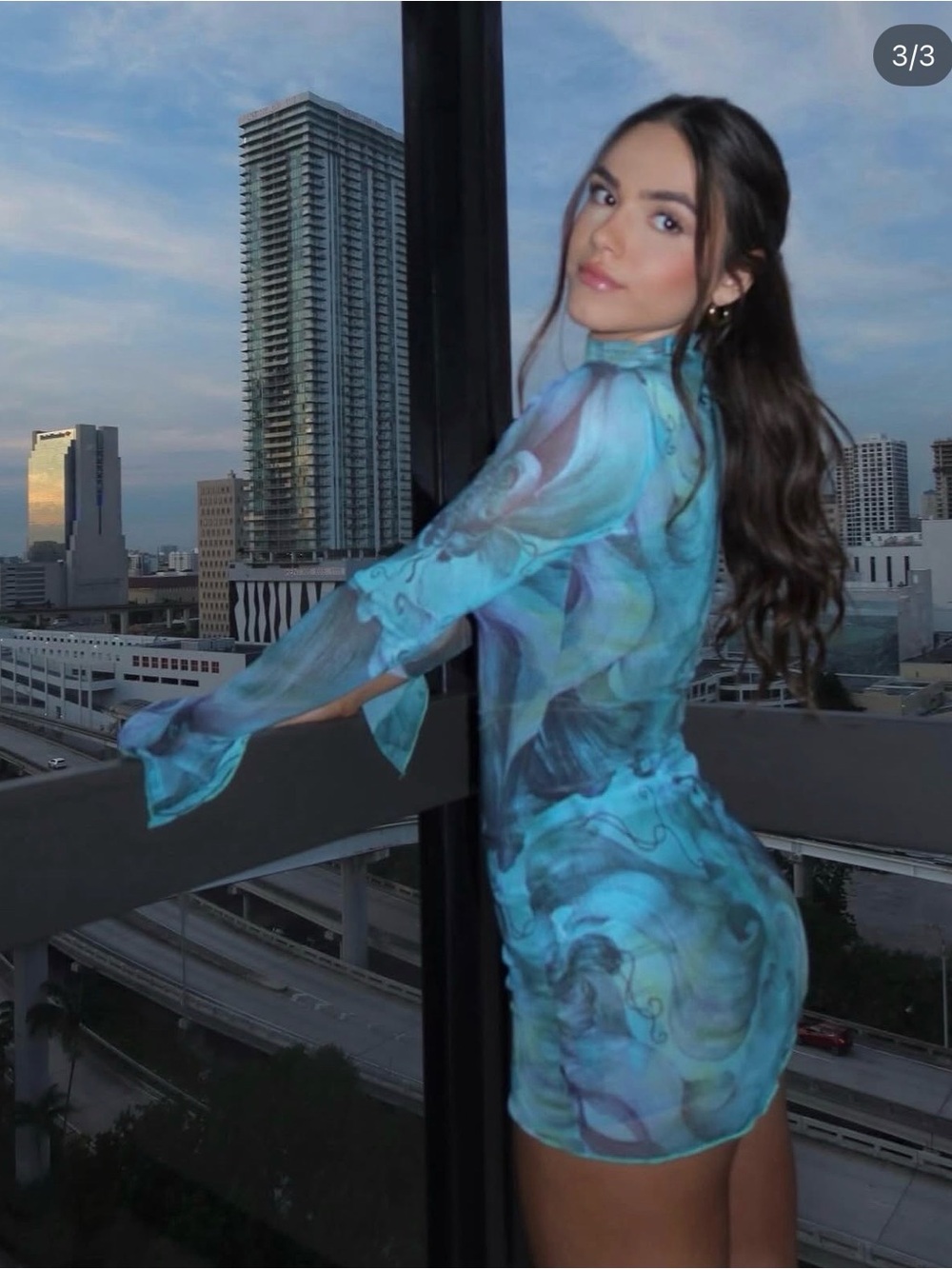 Windsor Blue Marble Sheer Long Sleeve Mini Dress